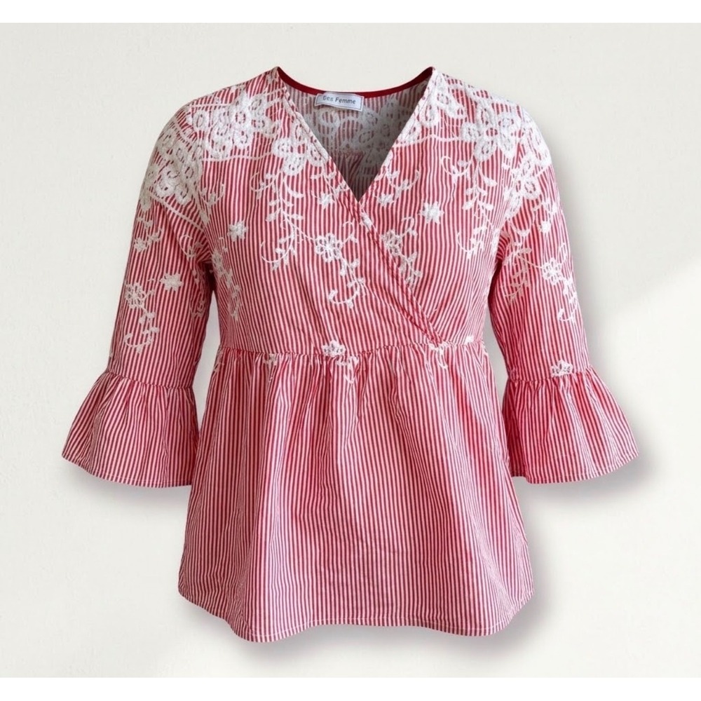 Ces Femme Striped 100% cotton babydoll Embroidered top sz L Cottagecore Prairie